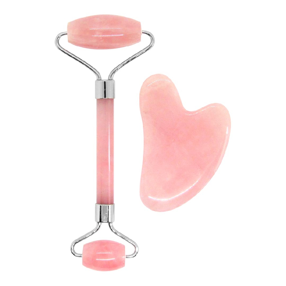 Set Rodillo Masajeador Facial+gua Sha de Cuarzo Rosa