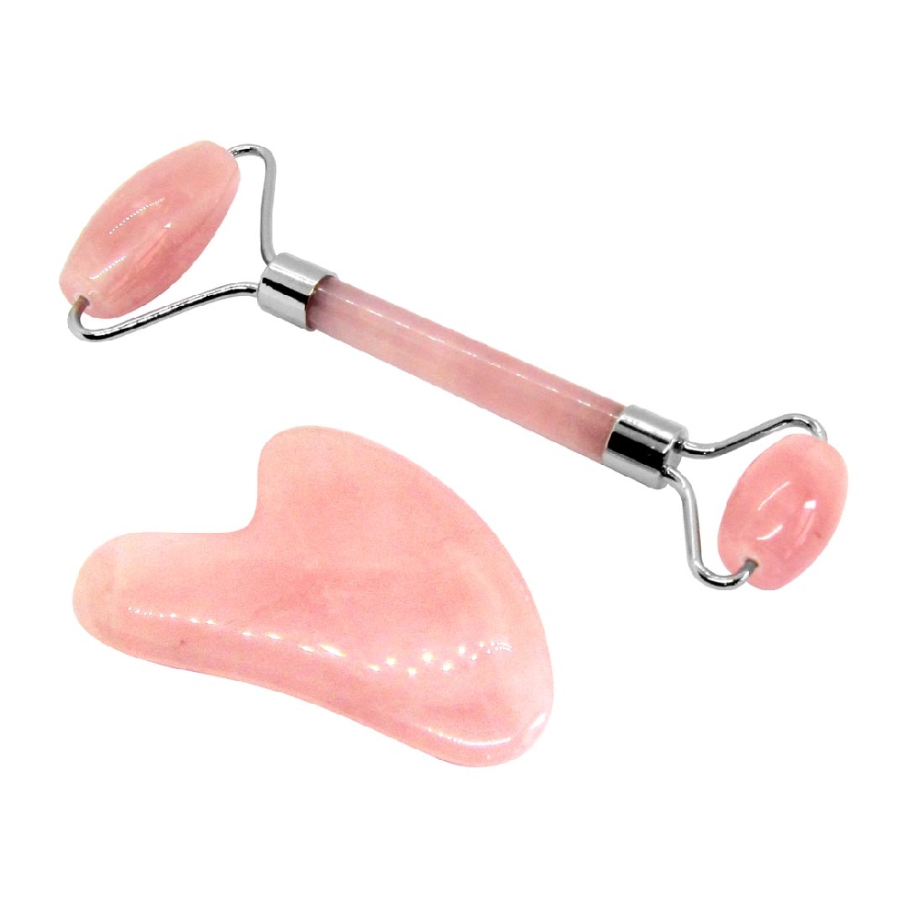 Set Rodillo Masajeador Facial+gua Sha de Cuarzo Rosa