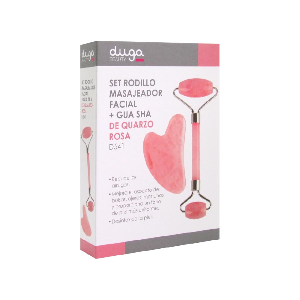 Set Rodillo Masajeador Facial+gua Sha de Cuarzo Rosa